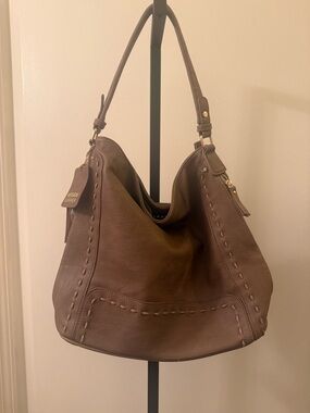 Taupe Vegan Leather Hobo Shoulder Bag with WhipStitched Detail and side zippers